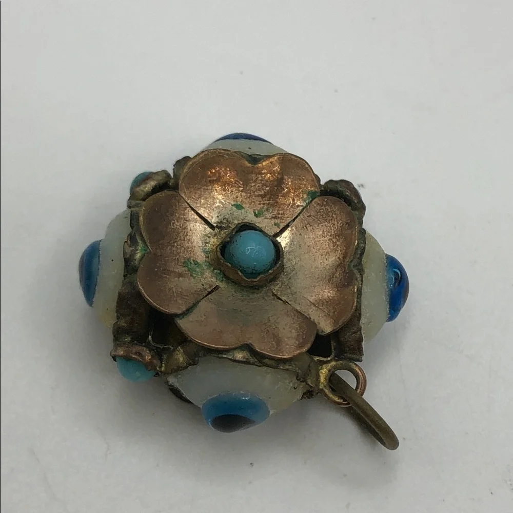 Vintage Brass Turkish Evil Eye Sphere Charm Pendant | Flower & Turquoise Accent